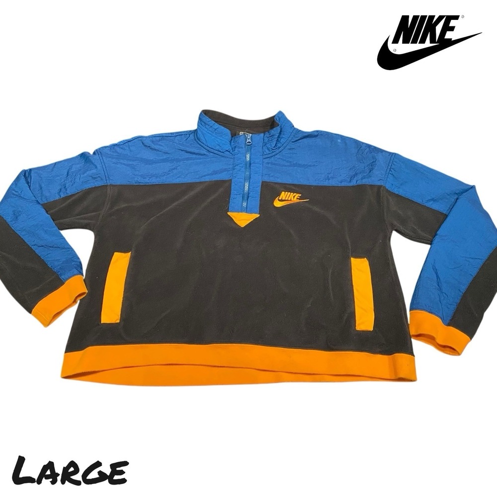 VTG Nike Jacket Kids LRG‎ Black Blue Orange Fleece Quarter Zip Pullover 90s